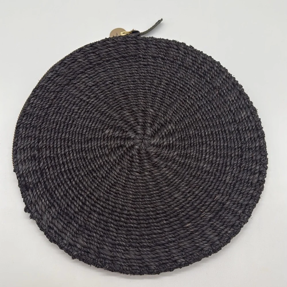 Clare V. Black Woven Raffia Circle Clutch Gold Lips Detail Summer Vacation Bag